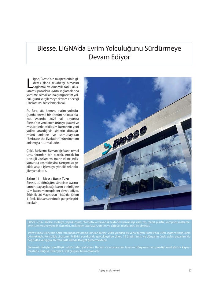 Ağaçmakineleri Dergisi Dosya: LIGNA 2025 Fuarına Doğru-Biesse